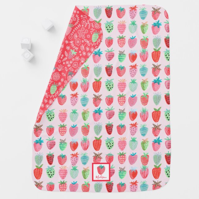 Cute pink & red strawberry baby pattern baby blank baby blanket (In Situ)