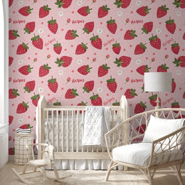 Cute Pink & Red Strawberry Personalized Girl Name  Wallpaper (Kids)