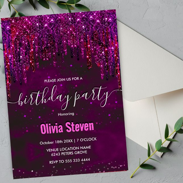 Cute Pink Red Unicorn Glitter Drips monogram Invitation (Creator Uploaded)