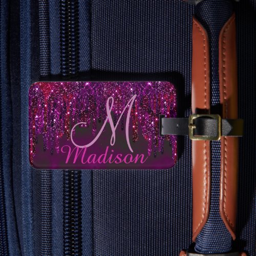 Cute Pink Red Unicorn Glitter Drips monogram Luggage Tag