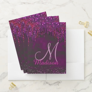 Cute Pink Red Unicorn Glitter Drips monogram Pocket Folder