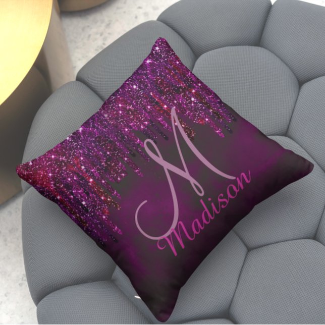 Cute Pink Red Unicorn Glitter Drips monogram Throw Pillow (Creator Uploaded)