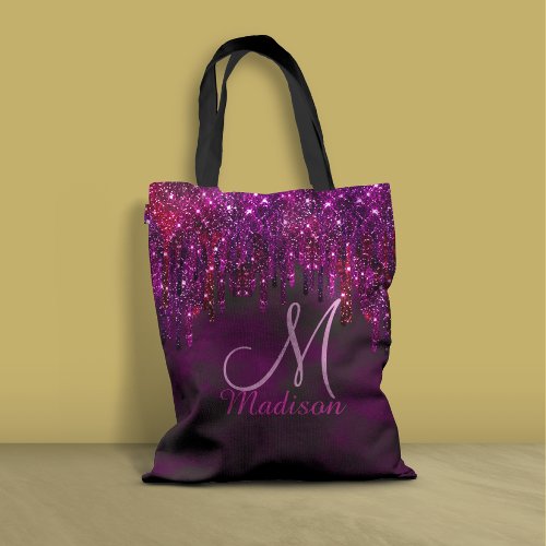 Cute Pink Red Unicorn Glitter Drips monogram Tote Bag