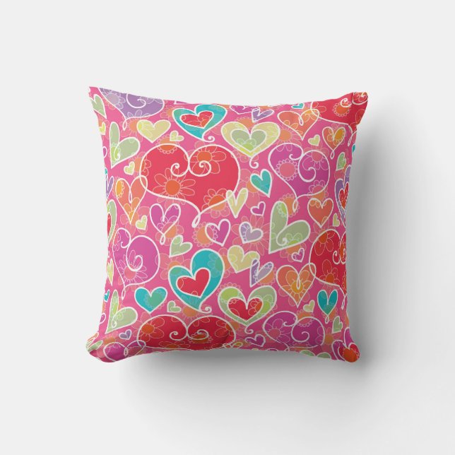 Cute Pink Red Valentine Hearts and Flowers Pattern Throw Pillow (Front)