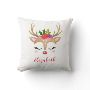 Cute Pink Reindeer Christmas Monogram Throw Pillow