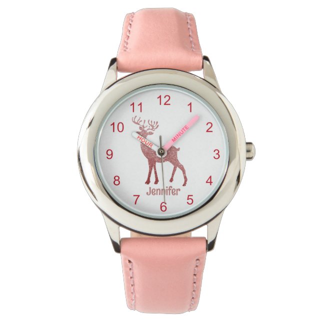cute pink reindeer christmas personalized girl watch (Front)