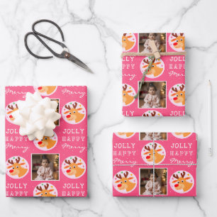 Cute Pink Reindeer Family Photo Christmas Wrapping Paper Sheets