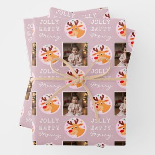 Cute Pink Reindeer Family Photo Christmas Wrapping Paper Sheets