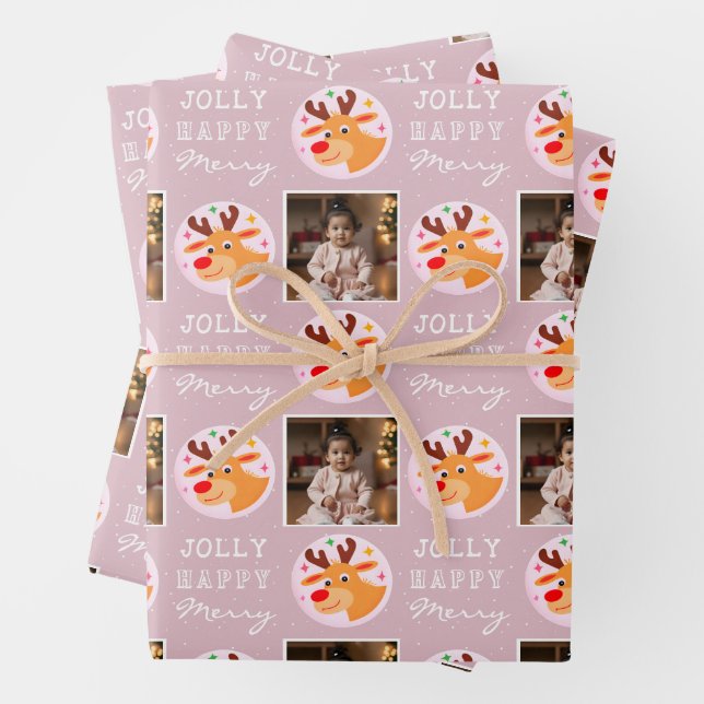 Cute Pink Reindeer Family Photo Christmas  Wrapping Paper Sheets (In situ)