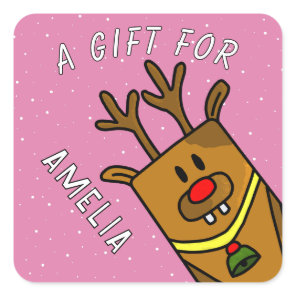 Cute Pink Reindeer Kid`s Name Christmas Gift Square Sticker