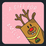 Cute Pink Reindeer Kid`s Name Christmas Gift Square Sticker<br><div class="desc">Cute Pink Reindeer Kid`s Name Christmas Gift Square Sticker. Funny cartoon reindeer with a red nose on rustic a pink background with white snowflakes. The sticker has a name template - personalize the sticker with your name.</div>