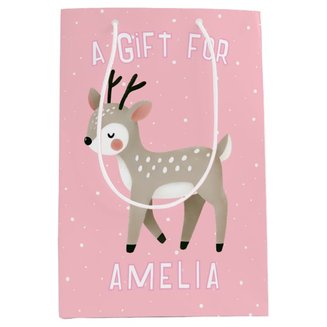 Cute Pink Reindeer Kid`s Name Christmas  Medium Gift Bag (Front)