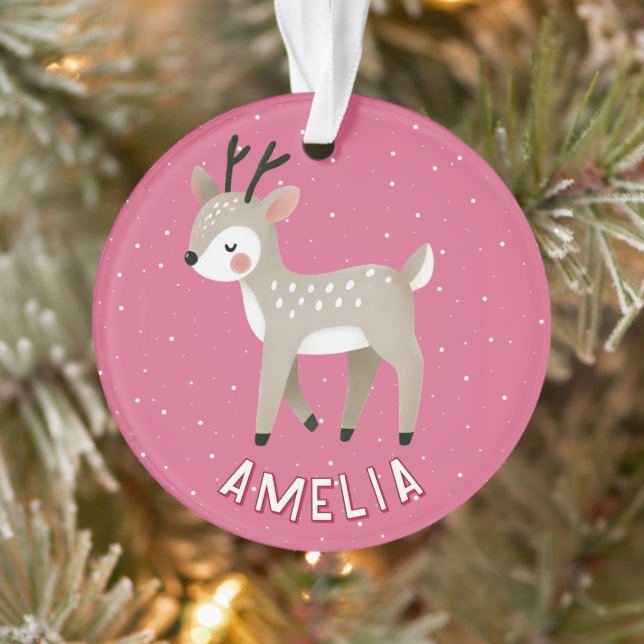 Cute Pink Reindeer Kid`s Name Christmas Ornament (Tree)