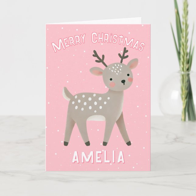 Cute Pink Reindeer Kid`s Name Merry Christmas Card (Front)