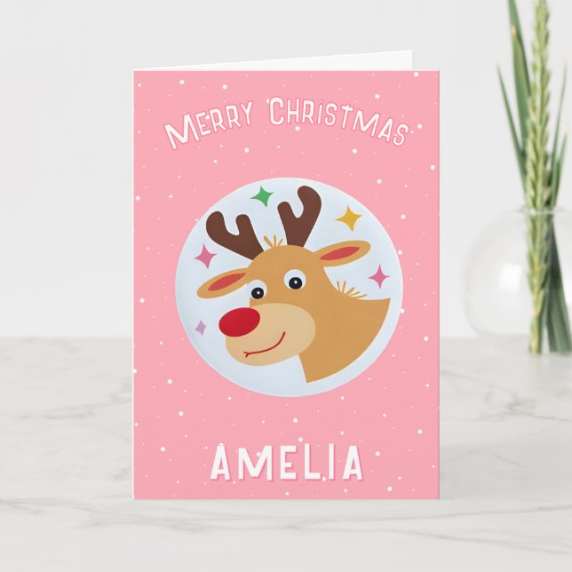 Cute Pink Reindeer Kid`s Name Merry Christmas Card (Front)