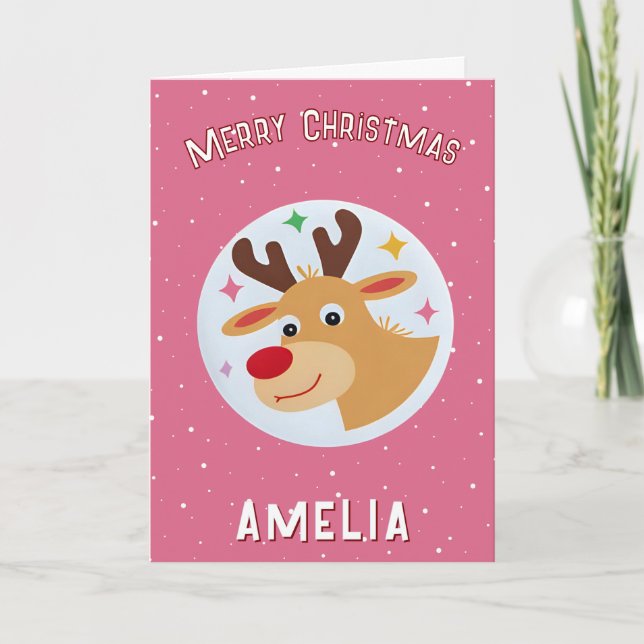 Cute Pink Reindeer Kid`s Name Merry Christmas Card (Front)