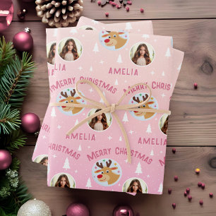 Cute Pink Reindeer Kid`s Name Photo Christmas Wrapping Paper Sheets
