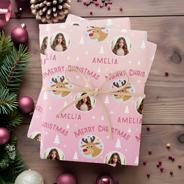 Cute Pink Reindeer Kid`s Name Photo Christmas Wrapping Paper Sheets (Creator Uploaded)