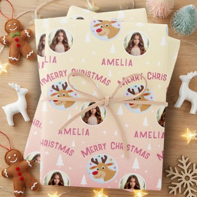 Cute Pink Reindeer Kid`s Name Photo Christmas Wrapping Paper Sheets