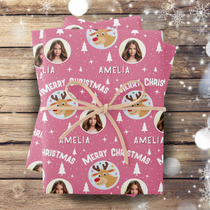 Cute Pink Reindeer Kid`s Name Photo Christmas Wrapping Paper Sheets