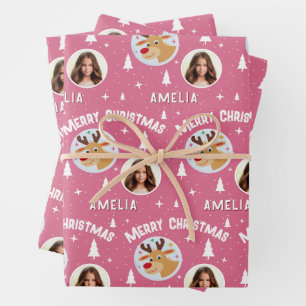 Cute Pink Reindeer Kid`s Name Photo Christmas Wrapping Paper Sheets