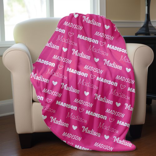 Cute pink repeating name personalized girly fleece blanket