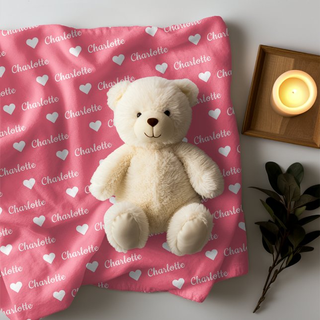 Cute Pink Repeating Name Script With Heart  Baby Blanket (Cute Pink Heart Personalized Baby Girl Name Repeating Pattern Kids Baby Blanket for Nursey Room)