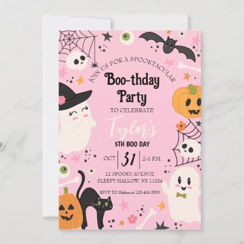 Cute Pink Retro Birthday Halloween Party Invitation