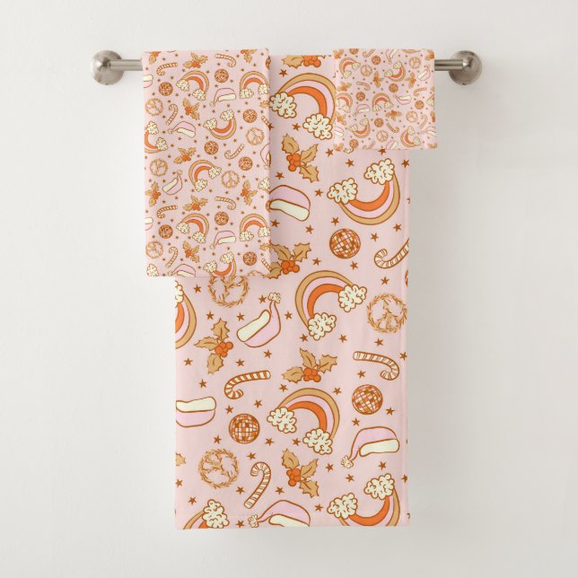 Cute Pink Retro Christmas Disco Rainbow Santa Bath Towel Set (Insitu)