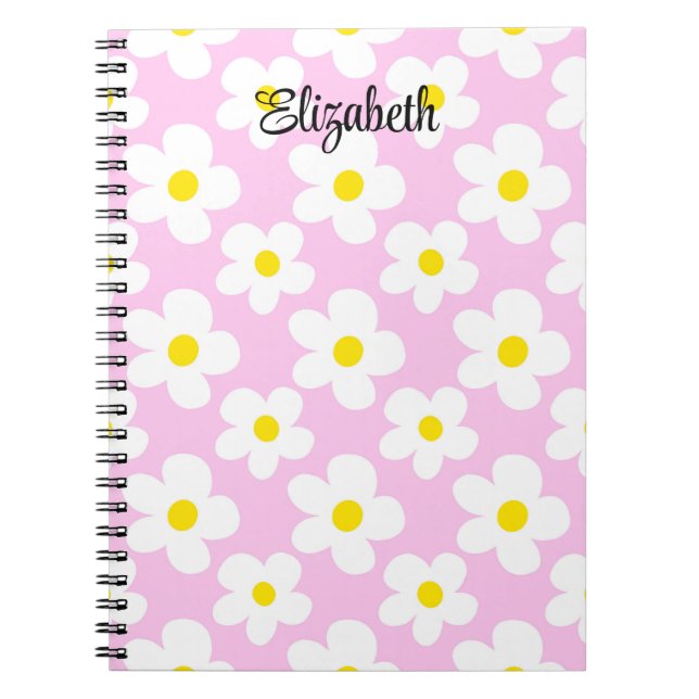 Cute pink retro daisies girly journaling notebook (Front)