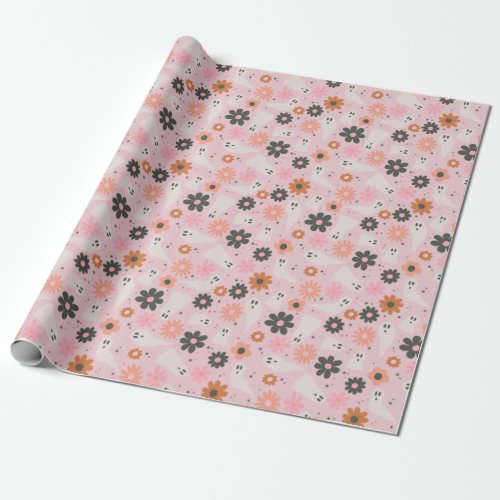 Cute Pink Retro Floral Ghosts Halloween Wrapping Paper