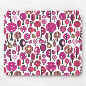 Cute Pink Retro Flower Trees And Leafs Mouse Pad by designalicious at Zazzle