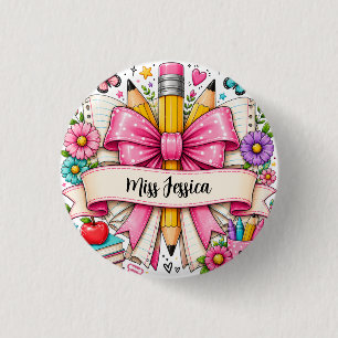 Cute Pink Retro Flowers Cartoon Pencil Teacher Button