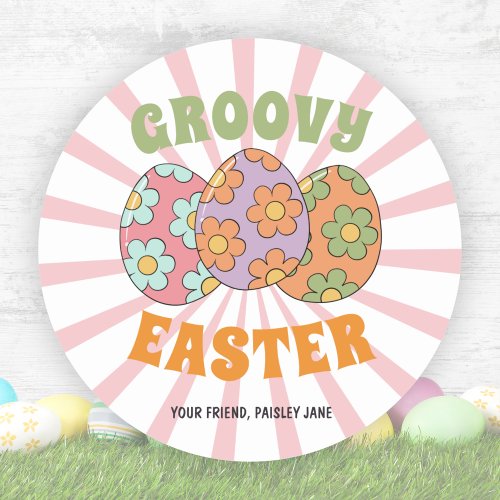 Cute Pink Retro Groovy Easter Party Classic Round Sticker
