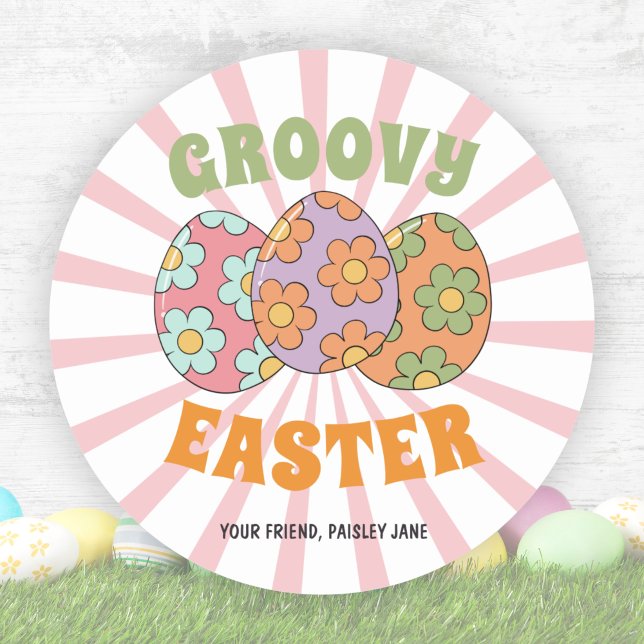 Cute Pink Retro Groovy Easter Party Classic Round Sticker (Cute Pink Retro Groovy Easter Party Classic Round Sticker)
