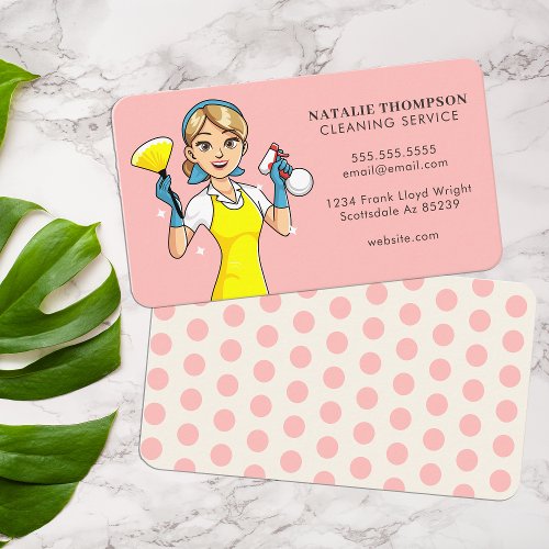 Cute Pink Retro Housekeeping Cleaning Service Cool Business Card