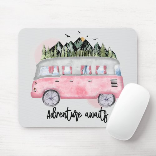 Cute Pink Retro Van Camper Bus Mountains Adventure Mouse Pad