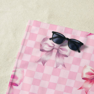 Cute Pink Ribbon and Gingham Sweet Girly Pattern Beach Towel
