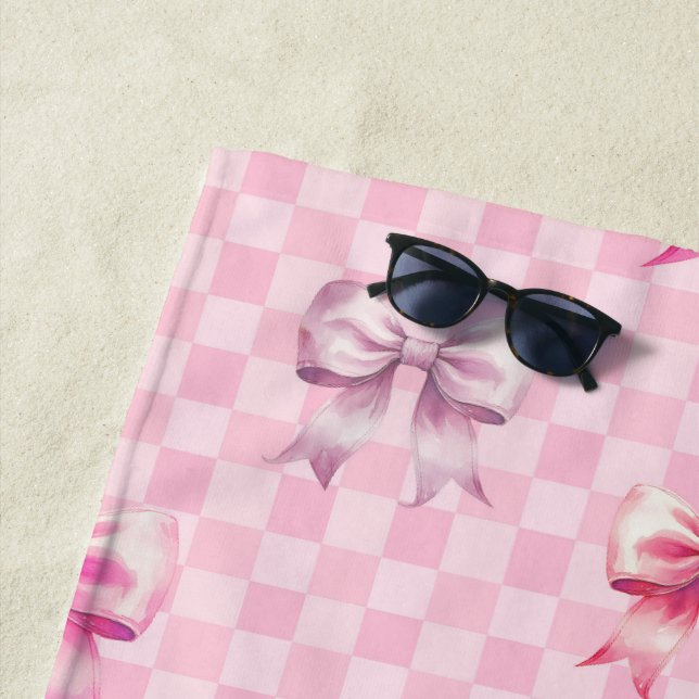 Cute Pink Ribbon and Gingham Sweet Girly Pattern Beach Towel (In Situ)