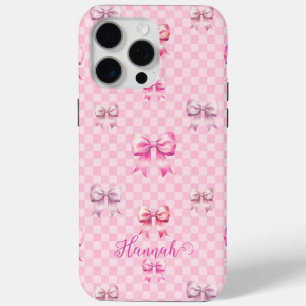 Cute Pink Ribbon and Gingham Sweet Girly Pattern iPhone 15 Pro Max Case