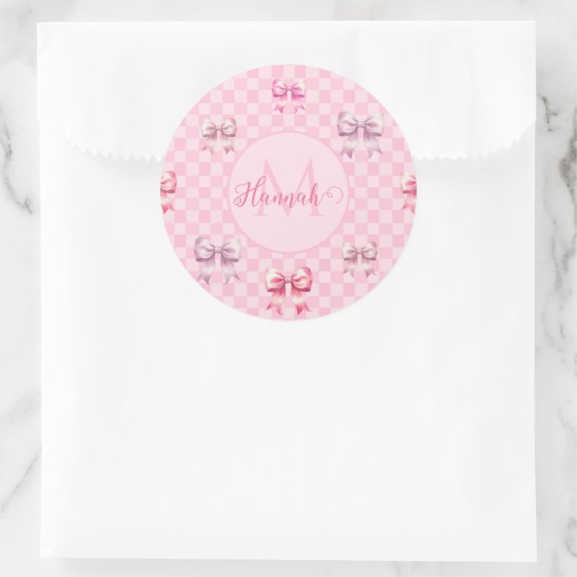 Cute Pink Ribbon and Gingham Sweet Girly Pattern Classic Round Sticker (Bag)