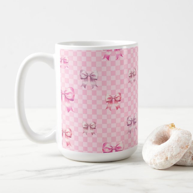 Cute Pink Ribbon and Gingham Sweet Girly Pattern Coffee Mug (With Donut)