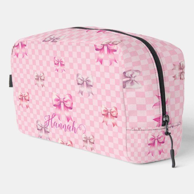 Cute Pink Ribbon and Gingham Sweet Girly Pattern Dopp Kit (Right Corner)