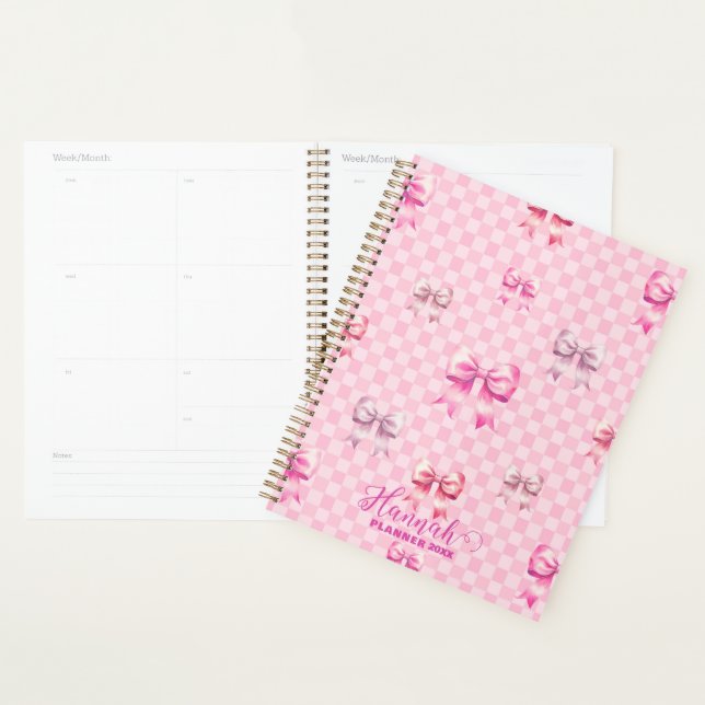 Cute Pink Ribbon and Gingham Sweet Girly Pattern Planner (Display)