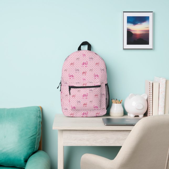 Cute Pink Ribbon and Gingham Sweet Girly Pattern Printed Backpack (Insitu)