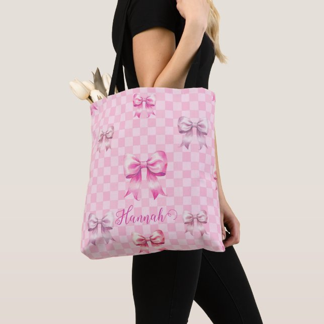 Cute Pink Ribbon and Gingham Sweet Girly Pattern Tote Bag (Close Up)