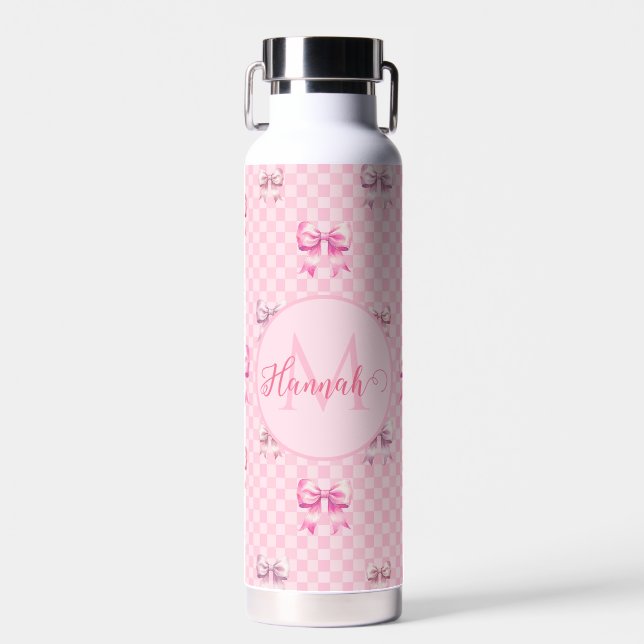 Cute Pink Ribbon and Gingham Sweet Girly Pattern Water Bottle (Front)