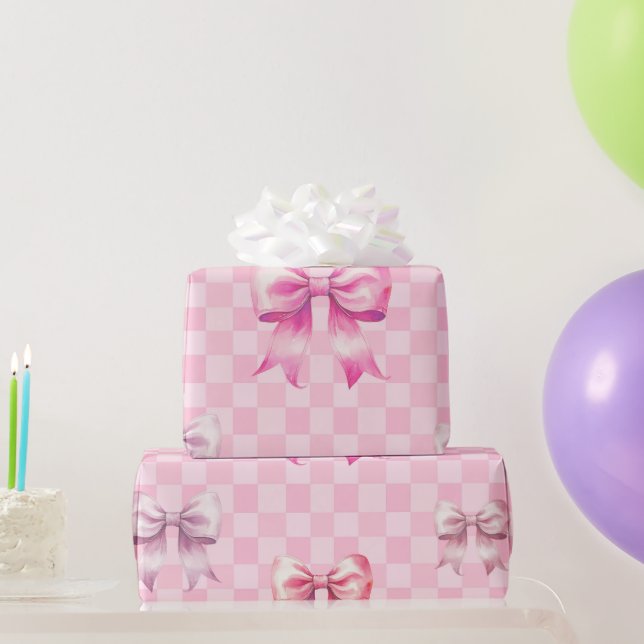 Cute Pink Ribbon and Gingham Sweet Girly Pattern Wrapping Paper (Party Gifts)
