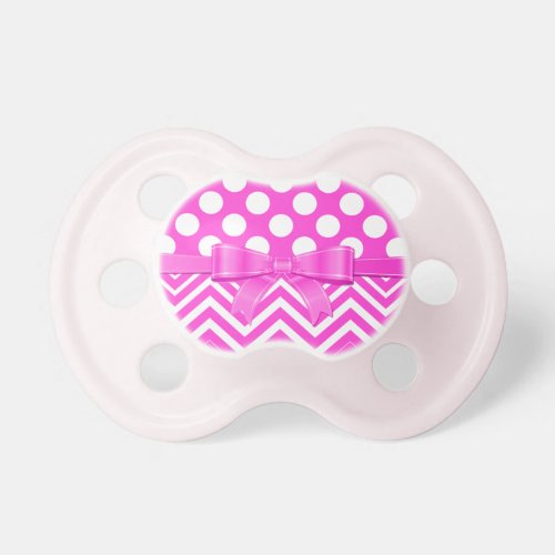 Cute Pink Ribbon And White Polka Dot And Chevron Pacifier