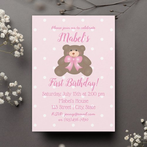 Cute Pink Ribbon Baby Teddy Bear First Birthday Invitation